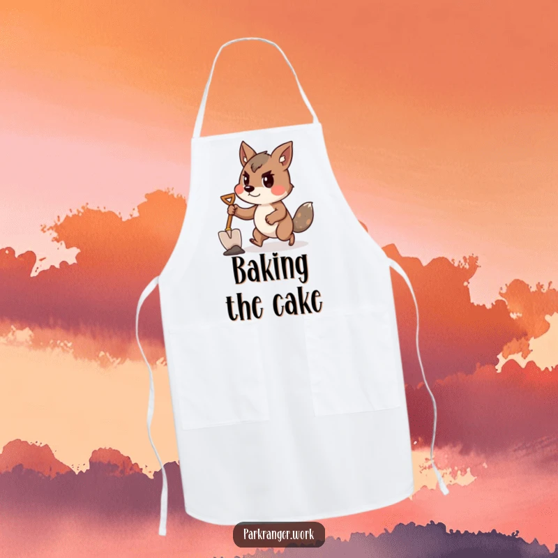 Funny animal with a shovel in a determined stance, ready to work, on a kitchen apron.