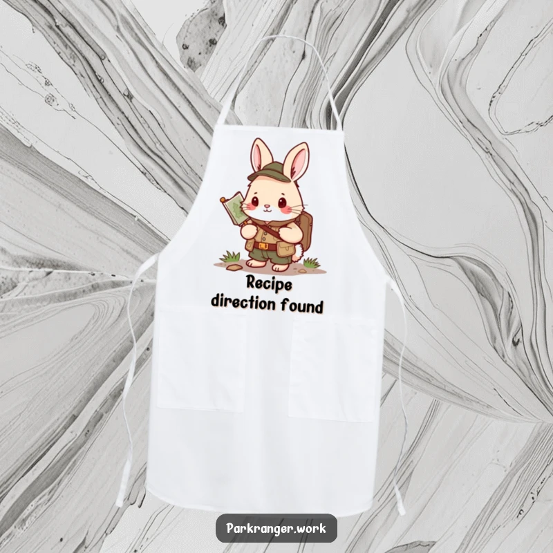 Funny Bunny Ranger Apron: A determined bunny in ranger attire holds a map, ready for culinary adventures.