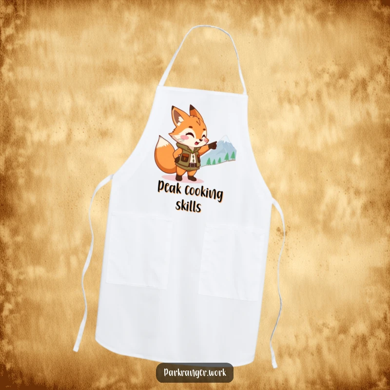 Funny Fox Ranger Apron: A cute fox sprite in ranger attire points towards a mountain, ready for culinary quests.
