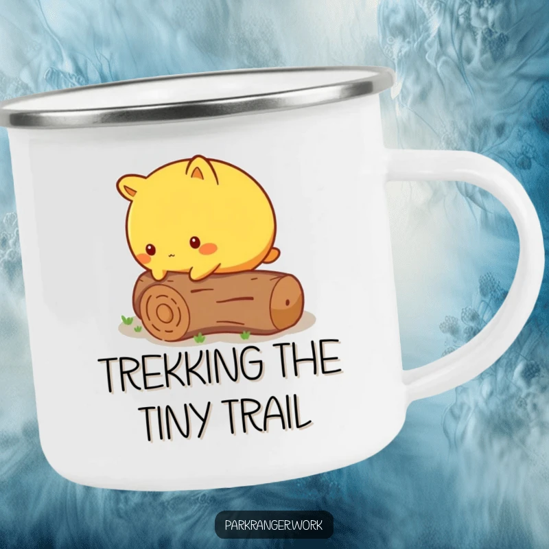 Funny Camping Mug of a round yellow animal cautiously stepping over a fallen, miniature log, for outdoor use.
