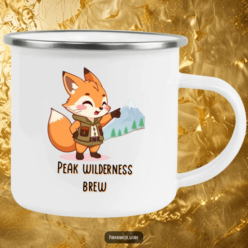 Funny Fox Ranger Camping Mug: A sturdy camping mug shows a fox sprite in ranger gear pointing at a mountain, ready for the outdoors.