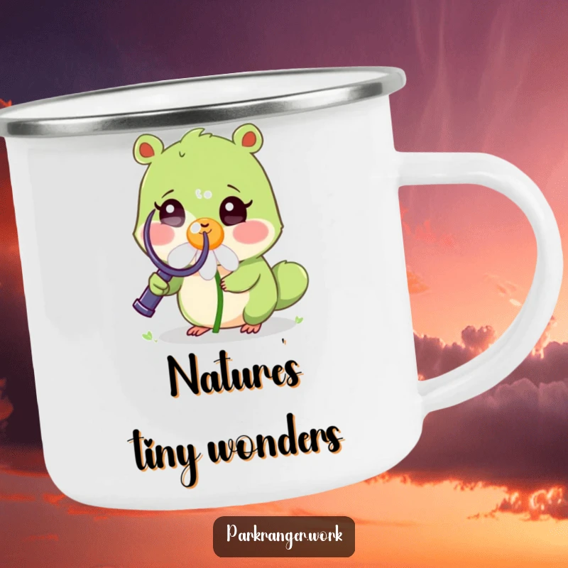 Funny Camping Mug of a small green animal with a magnifying glass examining a cheerful, smiling daisy, for outdoor use.