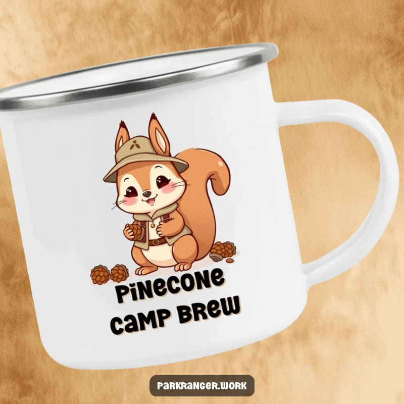Funny Squirrel Ranger Camping Mug: A sturdy mug shows a happy squirrel in ranger gear collecting pinecones in the forest.