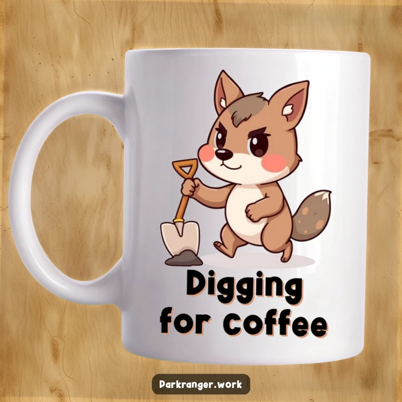 Funny animal with a tiny shovel, leaning forward with determination, printed on a mug.