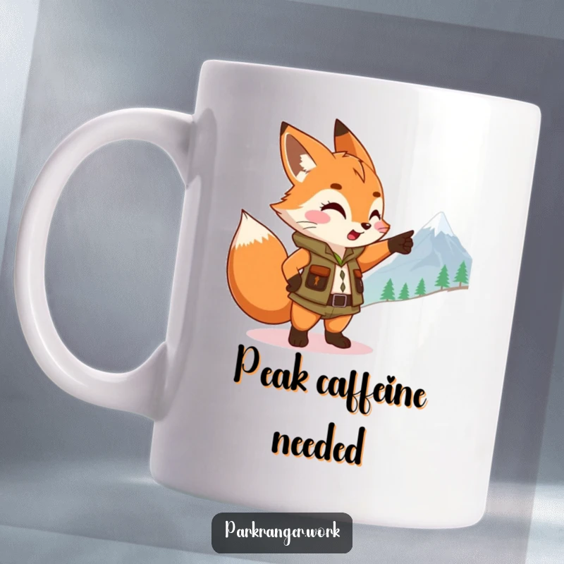 Funny Fox Ranger Mug: A cute fox sprite in a ranger vest excitedly points towards a majestic mountain peak, inspiring adventure.