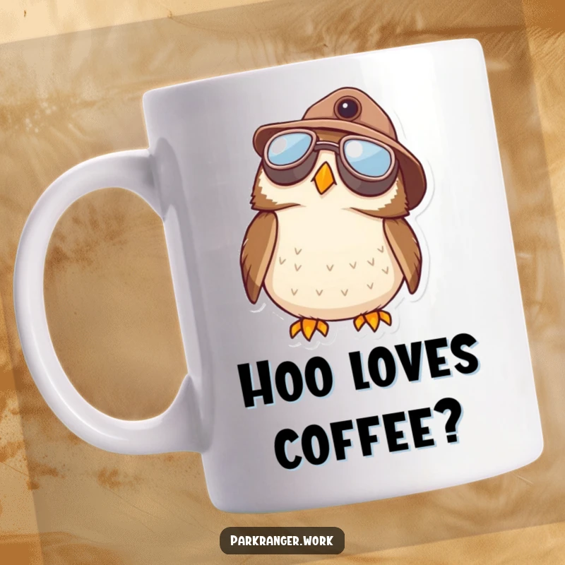 Funny Owl Ranger Mug: A round owl wearing aviator goggles and a ranger hat looks curiously up at the sky.