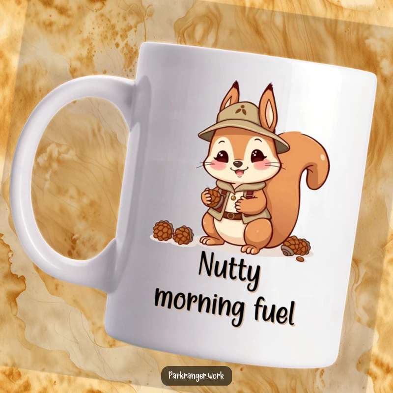 Funny Squirrel Ranger Mug: A playful squirrel in a ranger outfit happily collects pinecones with a big smile.