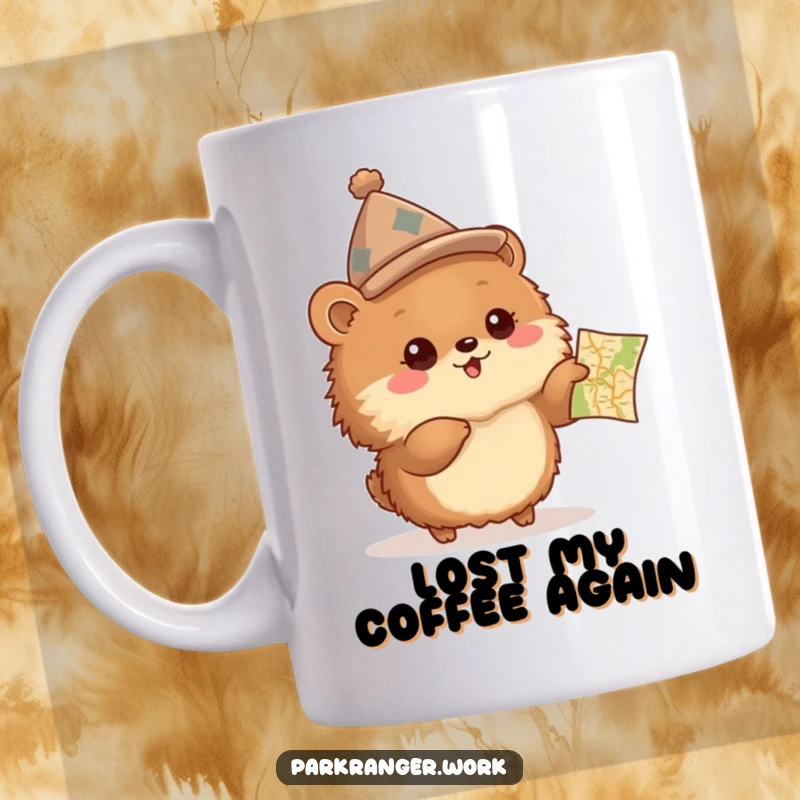 Funny Mug featuring a fluffy brown animal in a peaked hat, excitedly pointing at a small map, ready for adventure.
