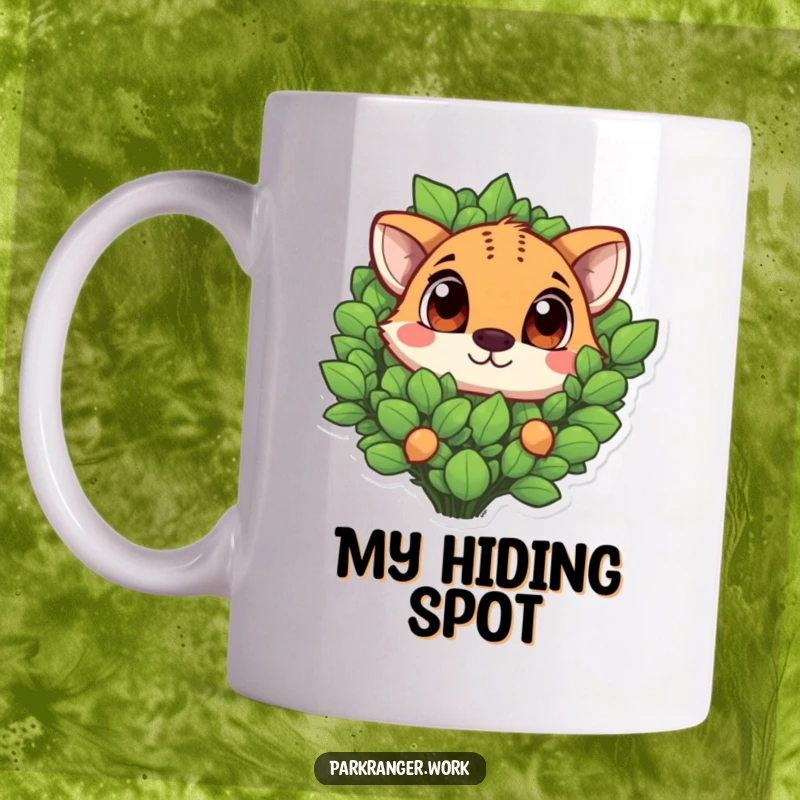 Funny cute animal with large, expressive eyes playfully peeking out from behind a lush green plant, perfect for a mug gift.
