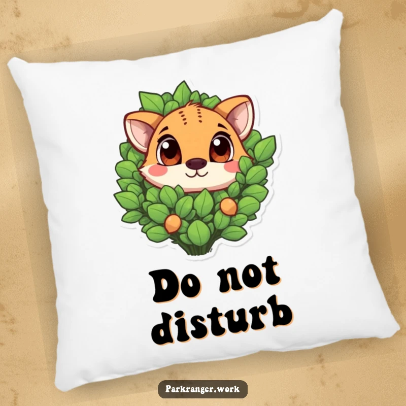 Funny adorable animal with large, expressive eyes peeking out from a green plant, presented as a soft pillow.