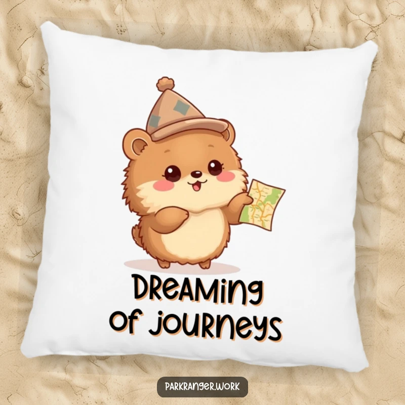 Funny Pillow featuring a fluffy brown animal in a peaked hat, excitedly pointing at a small map, for comfortable decor.