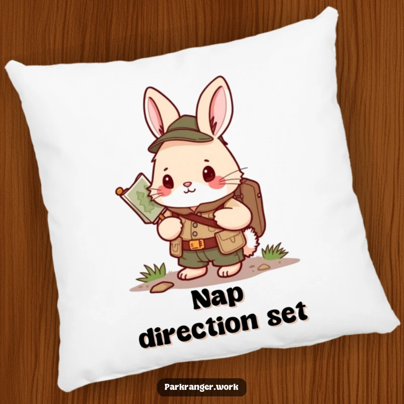 Funny Bunny Ranger Pillow: A plush pillow shows a determined bunny in a ranger uniform holding a map, ready for anything.