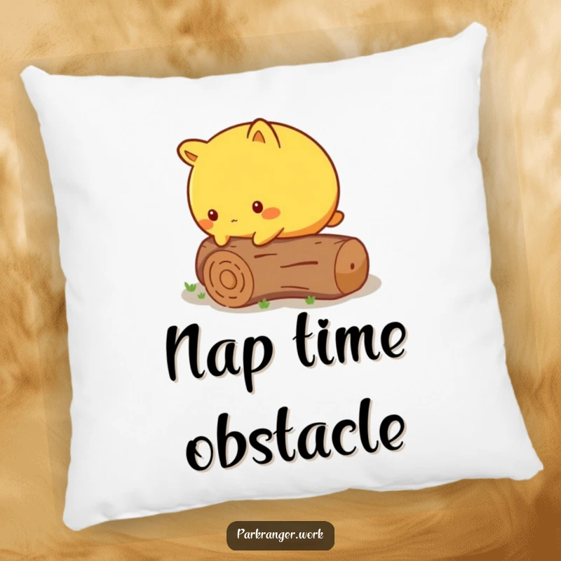 Funny Pillow featuring a round yellow animal cautiously stepping over a fallen, miniature log, for comfortable decor.