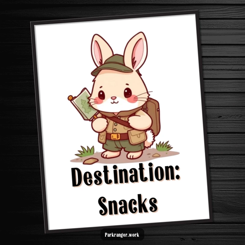 Funny Bunny Ranger Digital Art Print: A printable image of a determined bunny in ranger attire holding a map, looking forward.