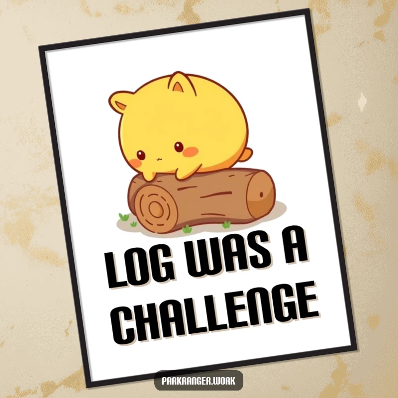 Funny Digital Art Print of a round yellow animal cautiously stepping over a fallen, miniature log, for instant display.