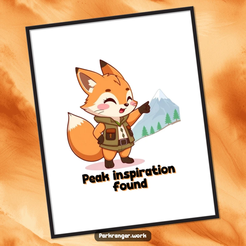 Funny Fox Ranger Digital Art Print: A printable image of an excited fox sprite in ranger attire pointing at a mountain peak.