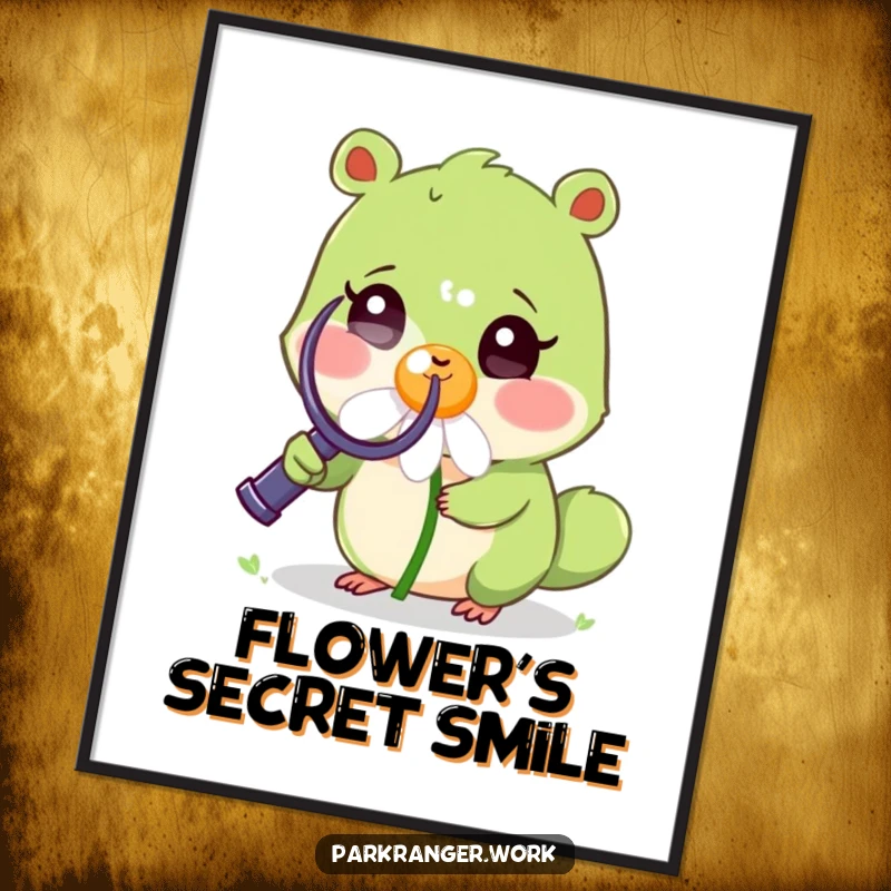 Funny Digital Art Print of a small green animal with a magnifying glass examining a cheerful, smiling daisy, for instant display.