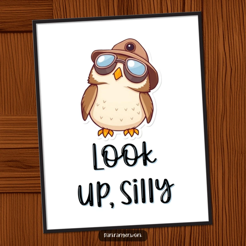 Funny Owl Ranger Digital Art Print: A printable image of a small owl in aviator goggles and a ranger hat looking up at the sky.