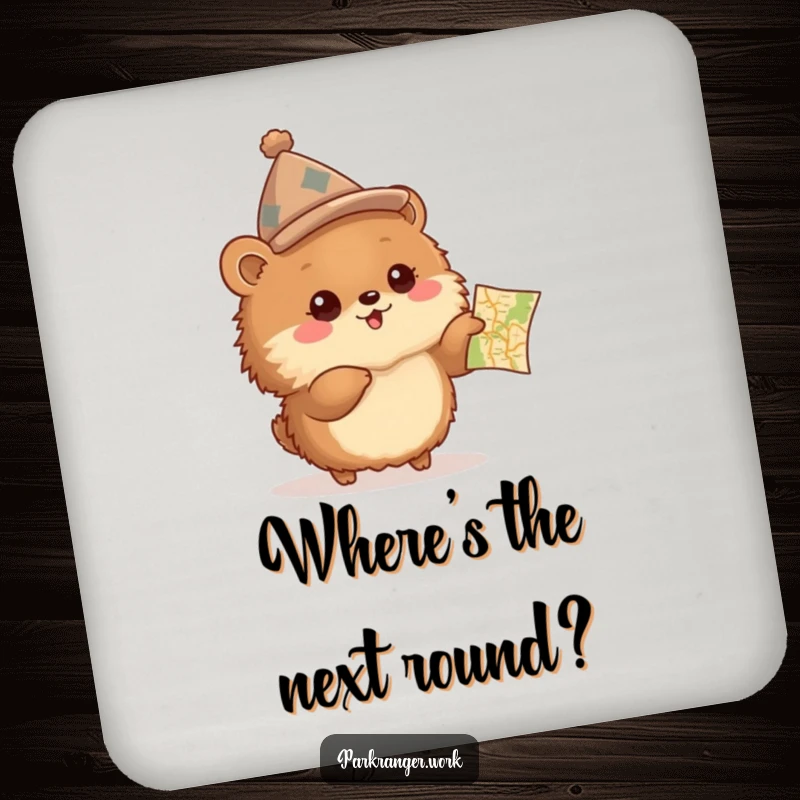 Funny Coaster set featuring a fluffy brown animal in a peaked hat, excitedly pointing at a small map, protecting surfaces.