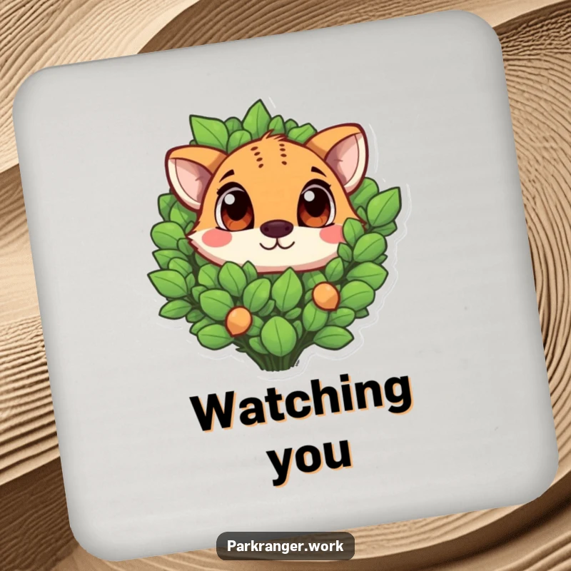 Funny animal with large, expressive eyes peeking from a green plant, featured on protective drink coasters.