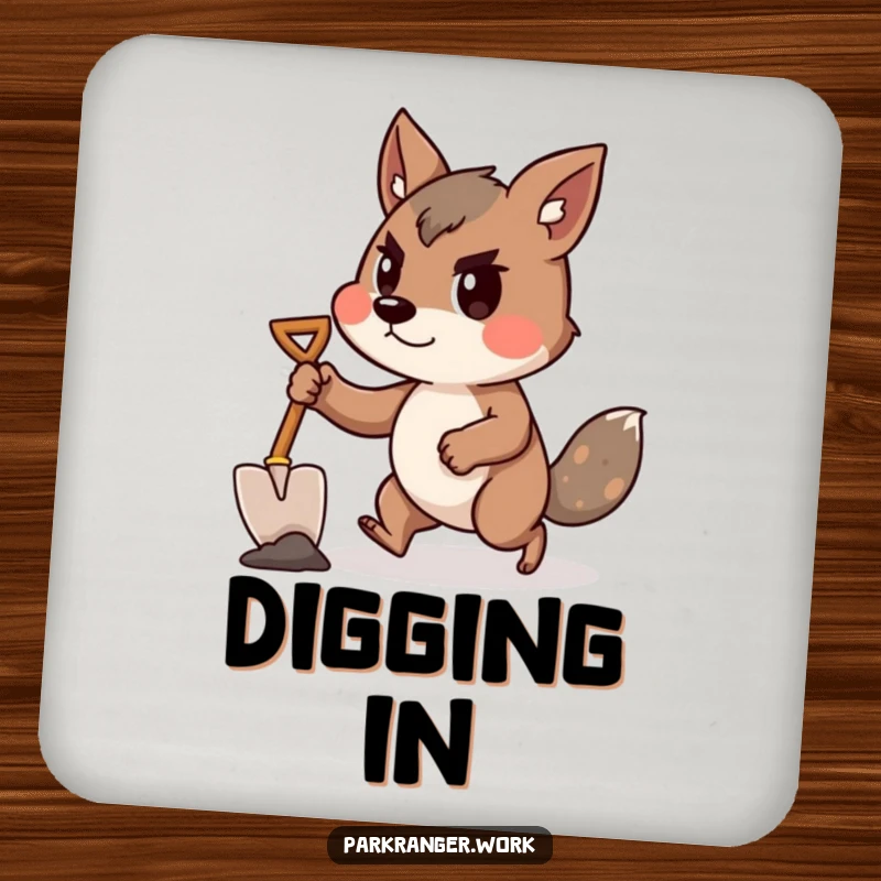 Funny animal with a small shovel, in a determined forward lean, on protective drink coasters.