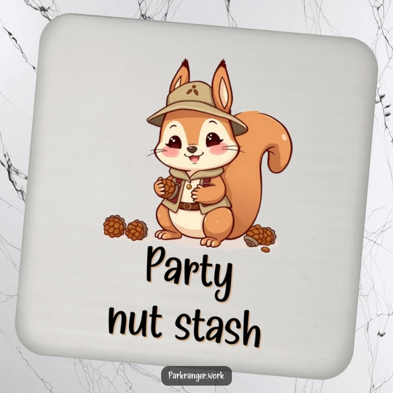 Funny Squirrel Ranger Coaster: A happy squirrel in ranger attire collects pinecones on this funny coaster.