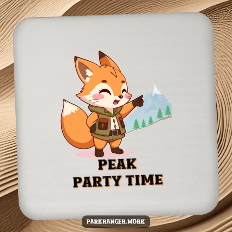 Funny Fox Ranger Coaster: A cute fox sprite in a ranger vest points towards a mountain on this funny coaster.