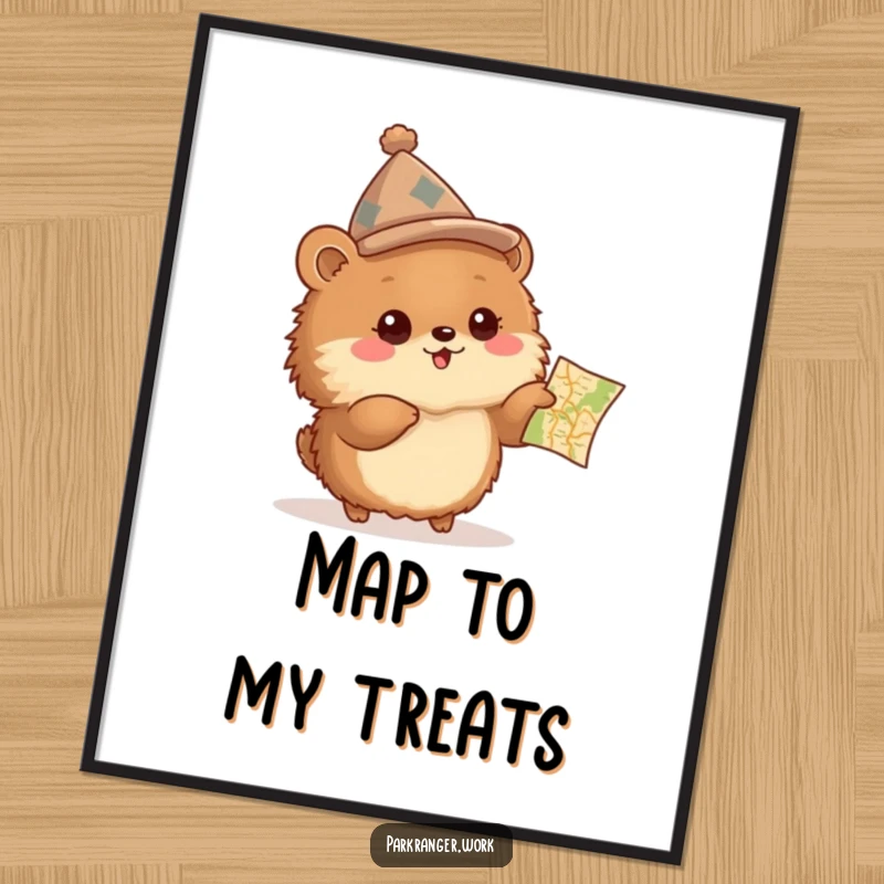 Funny Poster of a fluffy brown animal in a peaked hat, excitedly pointing at a small map, inspiring wanderlust.