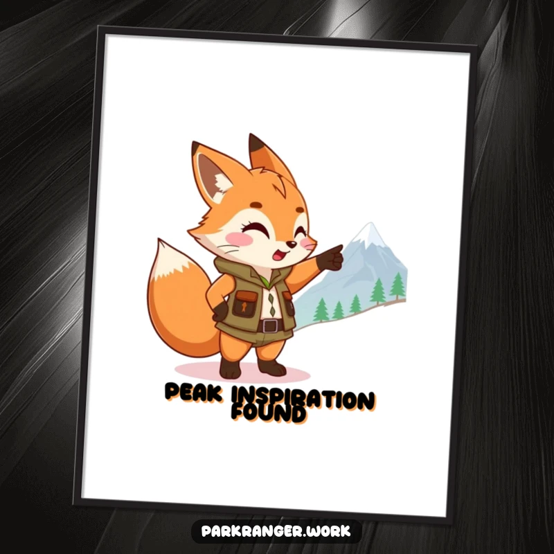 Funny Fox Ranger Poster: A vibrant illustration of a fox sprite in a ranger vest, pointing at a distant mountain peak.