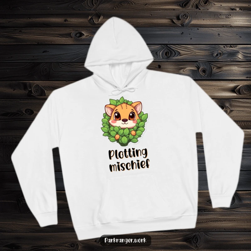Funny adorable animal with large, expressive eyes peeking out from a leafy green plant, a cozy hoodie design.