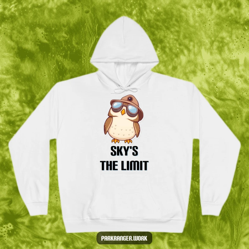 Funny Owl Ranger Hoodie: A cute, round owl sporting aviator goggles and a ranger hat gazes attentively at the sky.