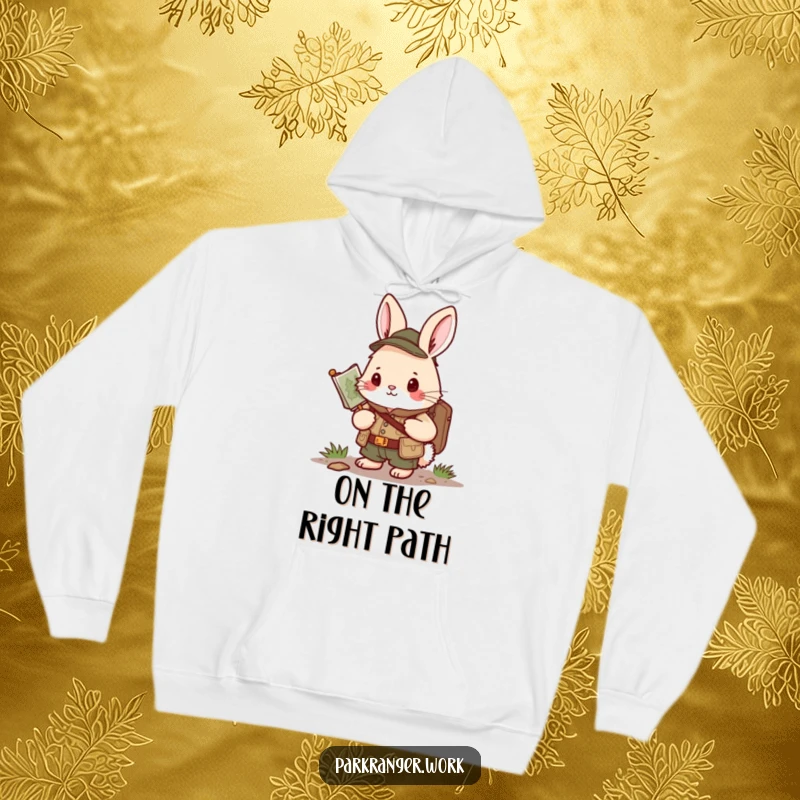 Funny Bunny Ranger Hoodie: A fluffy bunny in a ranger uniform holds a map, looking resolutely forward, ready for any quest.