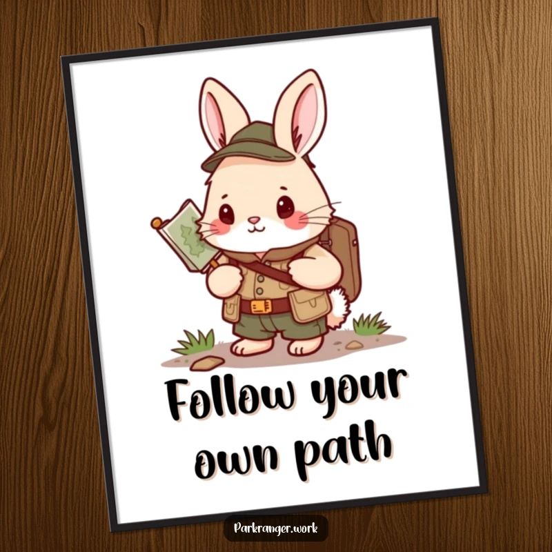 Funny Free Printable Wall Art of a determined bunny in a ranger uniform holding a map.