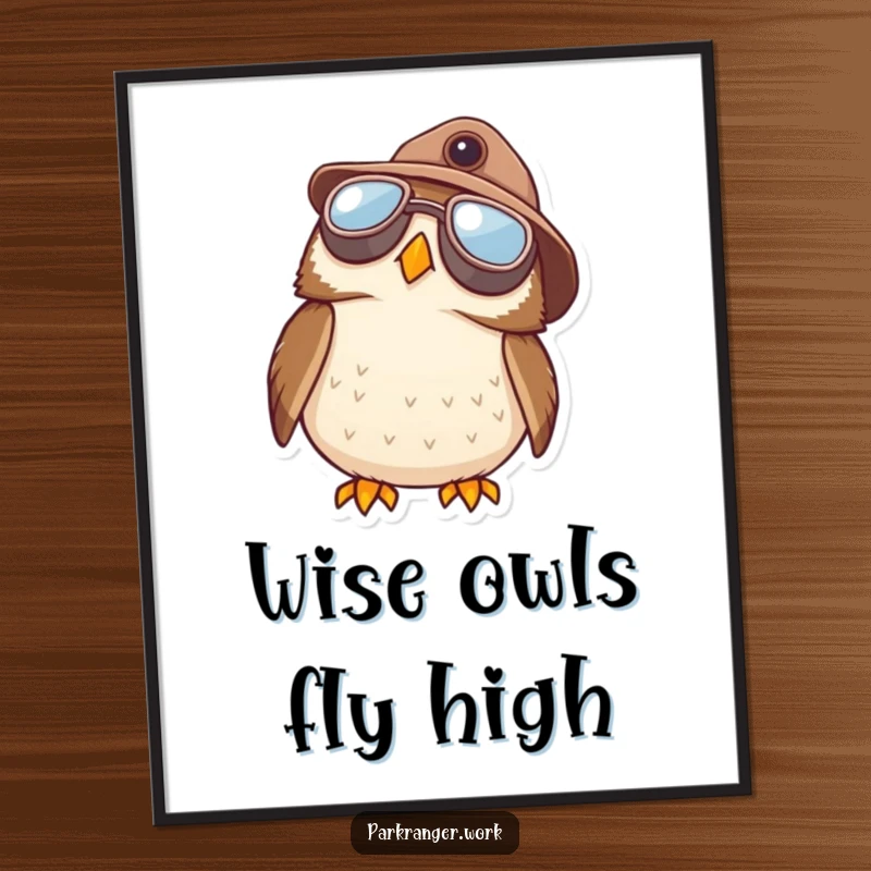 Funny Free Printable Wall Art of a round owl in aviator goggles and a ranger hat looking up.