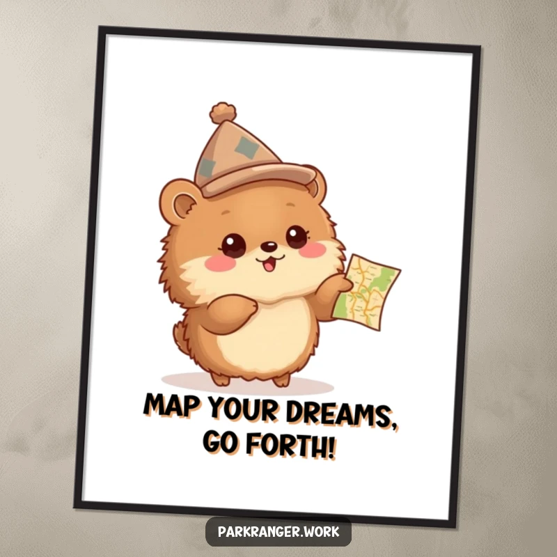 Funny Free Printable Wall Art: A fluffy brown animal in a hat excitedly points to a small map, embodying adventure.