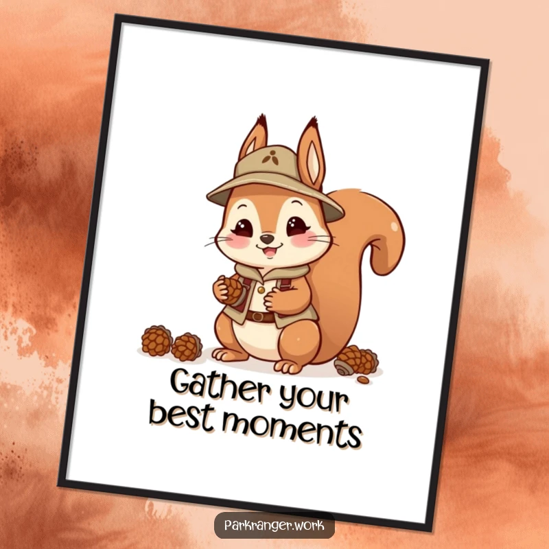Funny Free Printable Wall Art of a happy squirrel in a ranger outfit collecting pinecones.