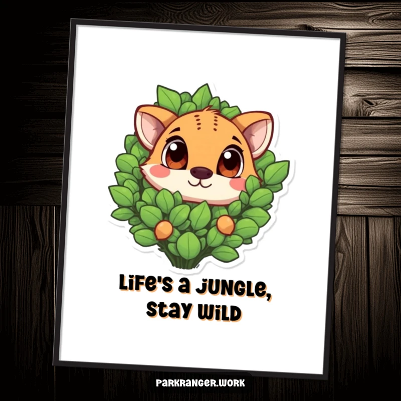 Funny Free Printable Wall Art: Playful animal with expressive eyes peeking from a lush plant, whimsical and humorous.