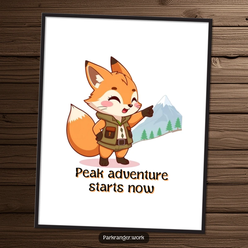 Funny Free Printable Wall Art of a cute fox sprite in a ranger vest pointing at a distant mountain.