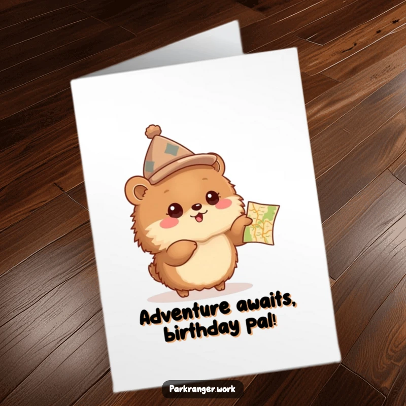 Funny Free Printable Birthday Card: Fluffy brown animal in a peaked hat excitedly points at a map, ready for adventure.
