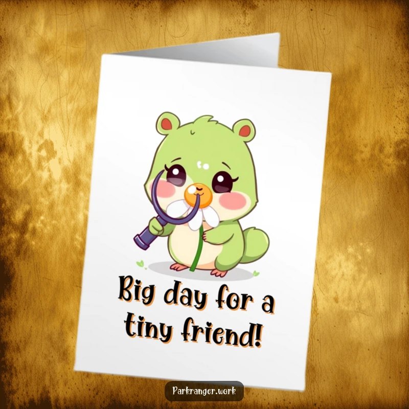 Funny Free Printable Birthday Card: Small green animal magnifies a smiling daisy, celebrating life's simple joys.