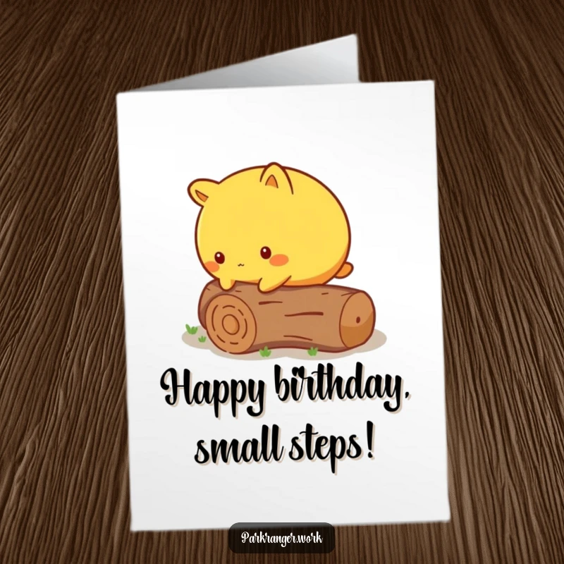 Funny Free Printable Birthday Card: Round yellow animal cautiously steps over a fallen log, symbolizing overcoming challenges.