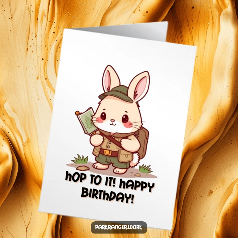 Funny Free Printable Birthday Card: A determined bunny in a ranger uniform holds a map.