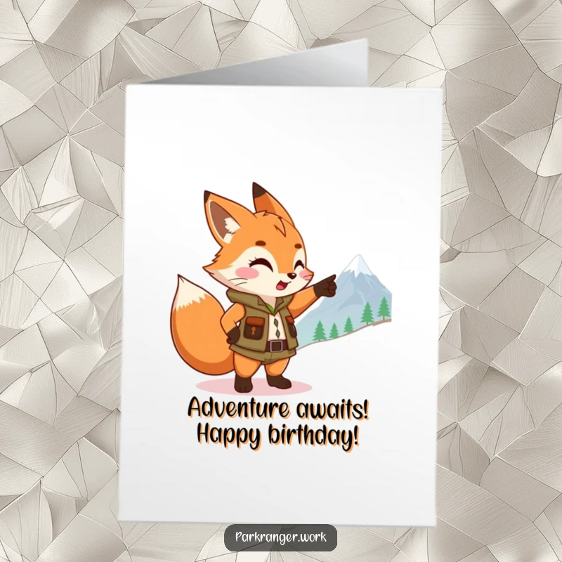 Funny Free Printable Birthday Card: A cute fox sprite in a ranger vest points excitedly at a mountain.