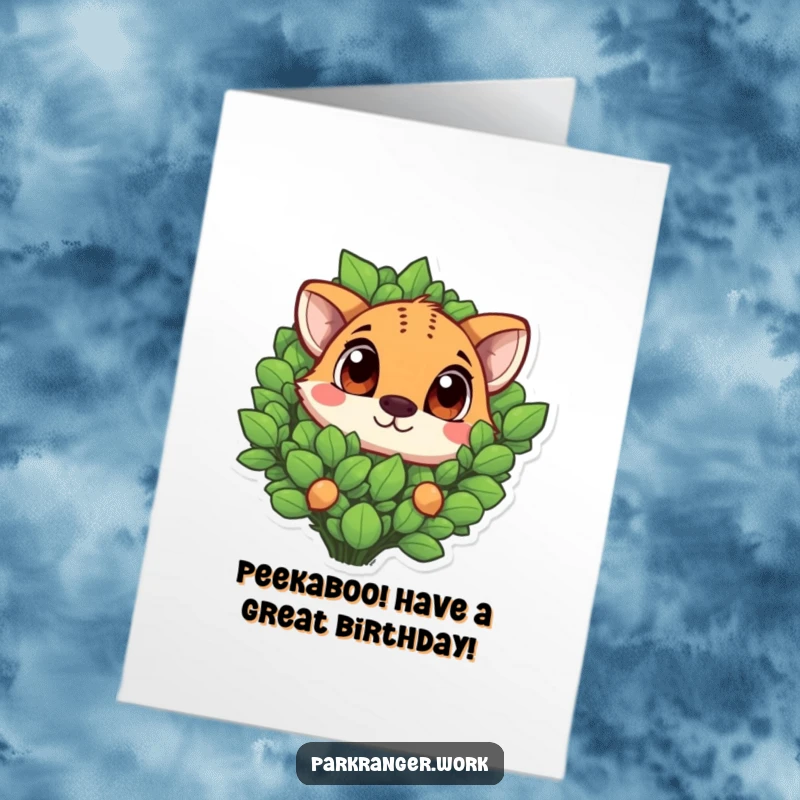 Funny Free Printable Birthday Card: Playful animal with huge eyes peeking from green plant, delightful and humorous.