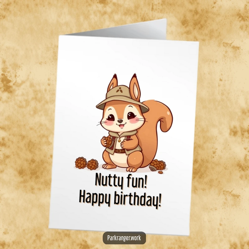 Funny Free Printable Birthday Card: A happy squirrel in a ranger outfit collects pinecones.