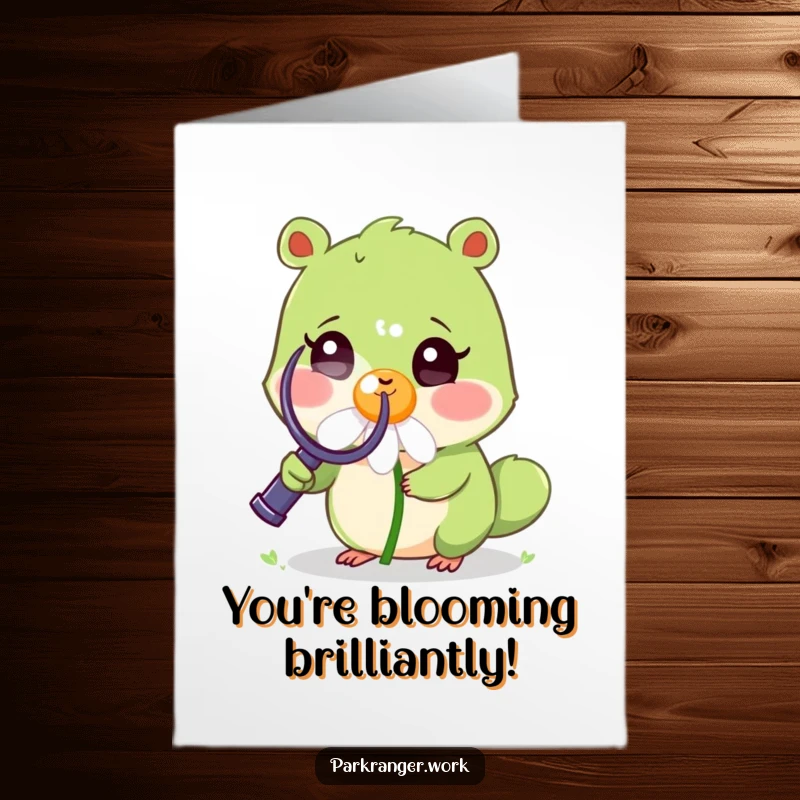 Funny Free Printable Congratulations Card: Green animal examines a daisy closely, symbolizing careful observation of success.