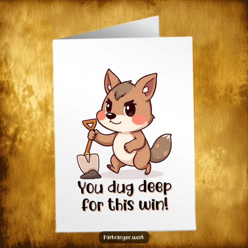 Funny Free Printable Congrats Card: Animal with shovel, determined lean, celebrating achievements with humor.