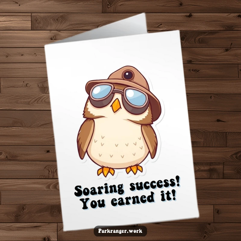 Funny Free Printable Congratulations Card: An owl wearing goggles and a ranger hat gazes skyward.