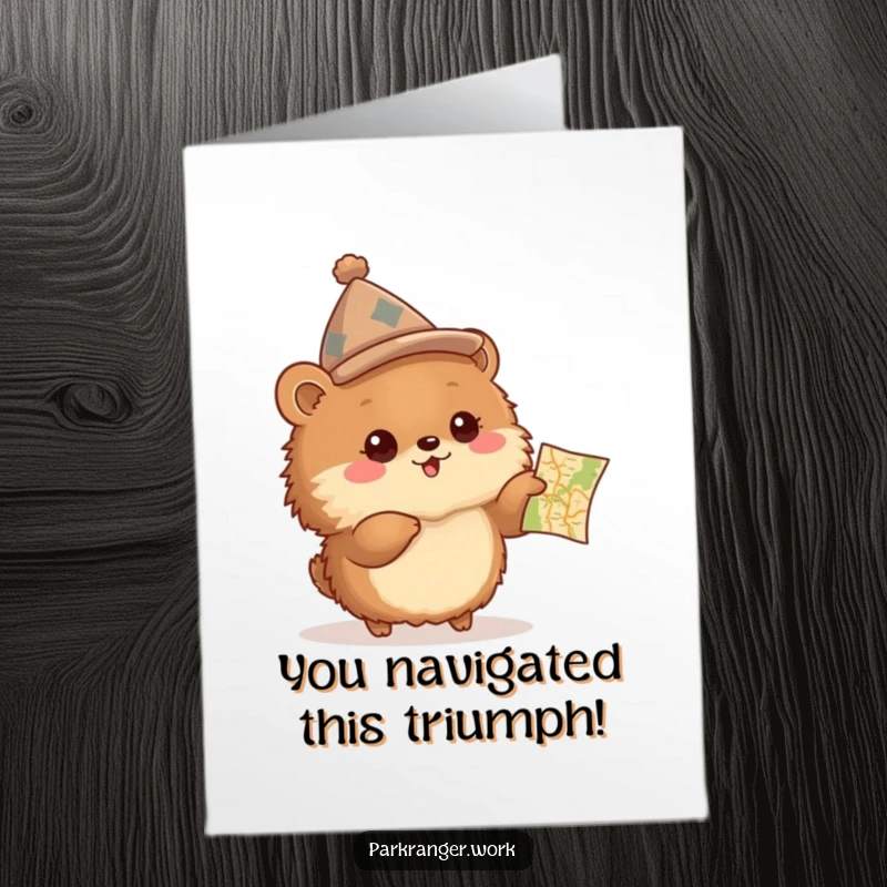 Funny Free Printable Congratulations Card: A fluffy animal with a hat and map points to success, celebrating achievement.