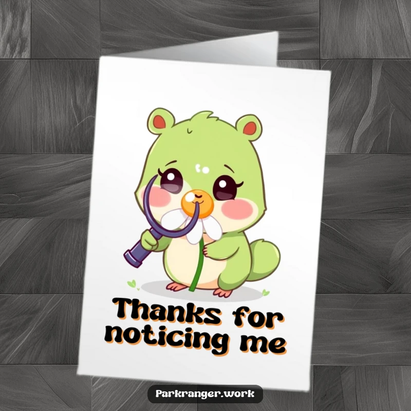 Funny Free Printable Thank You Card: Small green animal magnifies a smiling daisy, appreciating thoughtful gestures.